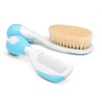 Chicco Ensemble Brosse à Cheveux et Peigne pour Bébé, Brosse à Poils Naturels Doux, Peigne à Bouts Arrondis, Manche Antidérapant, Cadeau de Naissance - Essentiels pour Nouveau-né 0plus Mois, Bleu