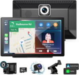 Autoradio Portable 9 Pouces, écran Carplay Android Auto sans Fil avec caméra embarquée 4K, caméra 1080P, Navigation GPS, Commande vocale, équipé d'une Carte TF 64 Go, caméra arrière AHD