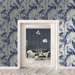 Azzurra Leaf Exotic Birds Heron Foliage Silver / Blue 9506 Belgravia Wallpaper