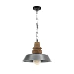 Eglo Riddlecombe Suspension 1 Ampoule Vintage Industrial Rétro Suspension Bois et Acier Lampe de Table de Salon Suspendue en Marron, Argent, Noir, Culot E27