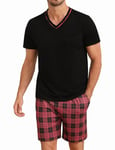 Demegimi Pyjama Homme Été Pyjama Homme Coton Court Ensembles de Pyjama Ete Chemise col V Manches Courtes Pijamas Ensemble Pyjama Estival(Noir+Rouge,M)