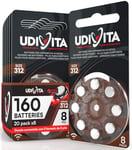 160 Piles pour appareils auditifs Udivita Taille 312 (PR41 Brown - Zinc Air) avec Technologie Sound Fusion - 20 blisters de 8 Piles