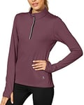 icyzone Femme Veste de Sport 1/4 Zip T-Shirts Manches Longues Séchage Rapide avec Chemises de Course Haut de Yoga Trous de Pouce (S, Pourpre Rouge)