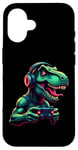 Coque pour iPhone 16 Gaming Dinosaurs- Le T-rex joue aux jeux vidéo