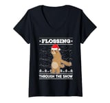 Womens Flossing Through The Snow Sloth Ugly Christmas Sweater Floss V-Neck T-Shirt