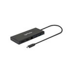 Manhattan USB-C Dock/Hub, Ports (x6): Ethernet, HDMI (x2), USB-A (x2) and USB-C, With Power Delivery (60W) to USB-C Port (Note additional USB-C wall charger and USB-C cable needed), All Ports can be used at the same time, Aluminium, Black, Three Year Warr