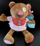 T6. DOUDOU PELUCHE LIEF OURS MARRON ROSE ROUGE VICHY CARREAUX 19cm - NEUF