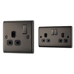 BG Electrical NBN21B 13 A Electrical 1-Gang Single Socket, Black Nickle + NBN22B-01 13 A Electrical 2-Gang Metal Switched Plug Socket, Black Nickel