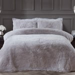 Sleepdown Fleece Luxury Long Pile Faux Fur Silver Super Soft Easy Care Duvet Cover Quilt Bedding Set with Pillowcases - Super King (220cm x 260cm)