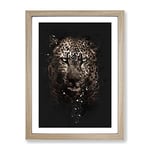 Leopard In The Dark Paint Splash Modern Framed Wall Art Print, Ready to Hang Picture for Living Room Bedroom Home Office Décor, Oak A2 (64 x 46 cm)