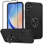 Btstring Case for Samsung Galaxy A34 5G and Screen Protector Tempered Glass, Shockproof Phone Case with Stand, Heavy Duty Personalised Case Cover Support Magnetic Car Holder, Black