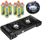 Portable Double Twin Burner Hob Dual Camping Gas Stove Cooker With 8 Gas Refills