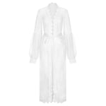 Robe De Chambre Satin Femme,Saint Valentin Sexy Lingerie Longue Transparente Dentelle Maille Babydoll Robe Manches Lanterne Robe Peignoir Kimono Chemises Vêtements De Nuit Pour Amis Cadeaux,Blanc,S