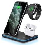 DONGSHIN Wireless Charger 15W Fast Wireless Charger Stand 3 in 1 QI Fast Charging Station for Apple Watch Series 6/SE/5/4/3/2;AirPod 1/2/Pro;iPhone 12/12 Pro/11/XS/X/8/8 Plus;Samsung Galaxy Buds/S20
