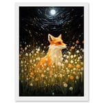 Artery8 Watching the Fireflies Dance Happy Fox over a Wildflower Meadow Oil Painting Orange White Blue Full Moon Spring Night Dreamy Landscape Artwork Framed Wall Art Print A4