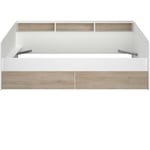 Lit banquette 2 tiroirs 90 x 200/190 cm - mdf - Mat décor chene et blanc - joy - 2339ENSE