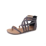 Femmes Gladiator Sandales Plates String Croix Lacets Zip été Peep Toe Chaussures Romaines Cheville Flops Flip（Gris,41 EU