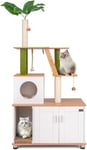 FANTASK Arbre à Chat de 175 cm avec Armoire à Chat, griffoir, entrée, Balle de Jeu, échelle, Plante Artificielle, Grand avec Grotte, Meubles pour Chat Naturel et Vert