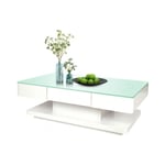 Clipop - Table basse avec 2 tiroirs, Surfaces en verre trempé,100x60x35cm, Blanc