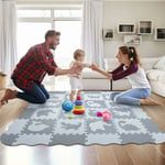 Skecten - 16 Dalles Animaux Tapis Puzzle Mousse de Sol pour Enfant à Bord Ondulé - Tapis d Eveille Bebe. Blanc, Gris Clair.