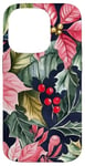 Coque pour iPhone 14 Pro Poinsettias rouge vif avec houx et feuilles vert foncé