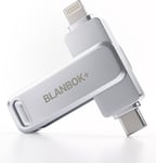 BLANBOK+ MFi Certified USB Stick 128GB Flash Drive for iPhone 128GB, Silver 