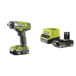 Ryobi - Visseuse à chocs 18V - 3 modes : 40/120/220 Nm - emmanchement hex 1/4"- 1 batterie 2Ah et 1 chargeur rapide, Coffret antichocs 31 accessoires de vissage (PH/PZ/SL/HEX/TX)