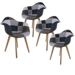 DAMAS - Lot de 4 Fauteuils Patchwork Bleu et Gris