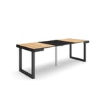 Table console extensible, 220, pour 10 personnes, 222x90x77cm, Pieds bois massif, couleur Chêne et noir