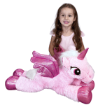 Licorne Peluche 60cm Rose Glitter Poney Cheval Magique Couché Avec Ailes