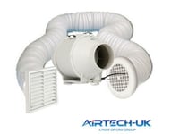 Powerful and Quiet Inline Bathroom Shower Fan Kit 100mm with Run On Timer