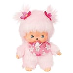 Sekiguchi Monchhichi 242443-Original Bebichhichi Fille Cerisier, en Peluche Rose, avec Bavoir et nattes avec Fleurs, Environ 15 cm, 242443, Rosa, 16 cm