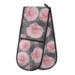 Hunihuni Double Oven Mitts Camellia Pink Rose Flower Heat Resistant Quilted Cotton Kitchen Double Gloves for Cooking Baking Grilling Microwave Handling Hot Pots Pans