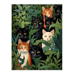 5 Black Cats By Julia Davidson Quirky Black Ginger White Cat Group In Green Botanicals Extra Large XL Unframed Wall Art Poster Print