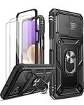 LeYi for Samsung Galaxy A32 5G Case with Slide Camera Cover and 2 Tempered Glass Screen Protector,Ring Holder Full Body Protective Heavy Duty Shockproof Silicone Tough Hard Armour Phone Cover, Black