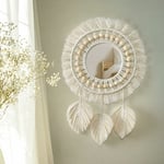 Memkey - Miroir Mural à Franges en macramé Boho avec Pendentif en Plumes de Perles de Bois Miroir Rond d'art Mural pour Couloir De Chambre à Coucher