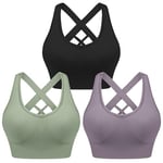 Leversic Women's Workout Bra Mid Impact Wirefree Removable Padding Sports Bra Cross Back Yoga Bra for Gym Fitness Running Jogging(Black+Purple+Green,M)