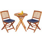 Goplus - 3PCs Salon de Jardin Pliant-2 Chaises+1 Table+2 Coussins en Bois d'Acacia-Table et Chaise pour Jardin/Terrasse Bleu