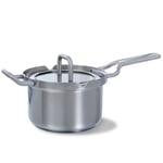 BK Cookware Q-Linair Master Glass Casserole à Induction de 16cm / 1,5L en Acier Inoxydable avec Couvercle en Verre, Four et à Table jusqu'à 220°C, Poignées Stay-Cool, Lave-Vaisselle, Sans PFAS, Argent