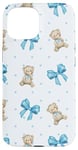 Coque pour iPhone 15 Ruban bleu avec motif à pois et ours en peluche mignons