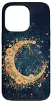 iPhone 13 Pro Floral Crescent Moon Stars Dark Blue Cottagecore Botanical Case