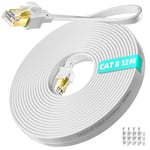 Câble Ethernet 12M, Cat 8 Cable Rj45 Plat Cable Réseau 12 Mètres Haut Debit Fibre 40Gbps 2000Mhz Cable Lan Blindé Gigabit Câble Internet Fil Ethernet Blanc -Pour Commutateur Routeur Modem[L3861]