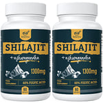 Solavica Shilajit Capsules 1300mg per Serving with Ashwagandha Root Extract, 60% Fulvic Acid, Pure High Strength Shilajit Supplement for Stamina and Stress, 60 Count (Pack of 2)