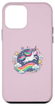 Coque pour iPhone 12 mini Licorne ludique volant à travers le ciel étoilé avec arc-en-ciel