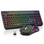 RedThunder K20 Ensemble Clavier et Souris sans Fil Rechargeable, AZERTY Français, Rétroéclairage RVB + Touches de Fonction Multimédia, Souris Ergonomique avec 4800DPI pour Mac/PC Typists