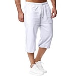 Sprifloral Mens Linen Shorts 3/4 Length Pants Summer Trousers Beach Yoga Joggers Casual Sweatpants White XL