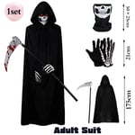 Läskig Halloween Ghost Reaper Kostym Huva Cape Skull Mask Handskar Lie Set Vuxna Barn Skräck Grim Reaper Halloween Dekoration Adult Suit