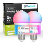 sailsco Ampoule Connectée Matter,Ampoule LED E27 WiFi Intelligente Compatible avec Alexa et Smart Life,Multicolore RGB & 2700K-6500K, Dimmable,9W équivalent 60W,Commande Vocale,A60 806LM,Lot de 2