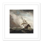 A Ship On The High Seas Caught By A Squall 8X8 Inch Square Wooden Framed Wall Art Print Picture with Mount