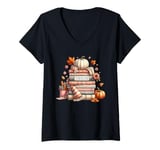 Womens Fall Colors s I Love Fall s Books & Pumpkins V-Neck T-Shirt